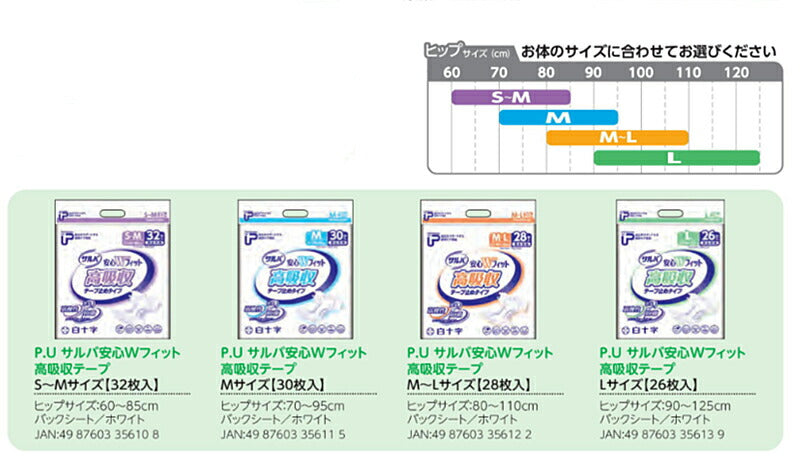 P.U サルバ 安心Wフィット 高吸収テープ S~M:35610 M:35611 M~L:35612 L:35613 白十字 (介護 おむつ テープ止め) 介護用品