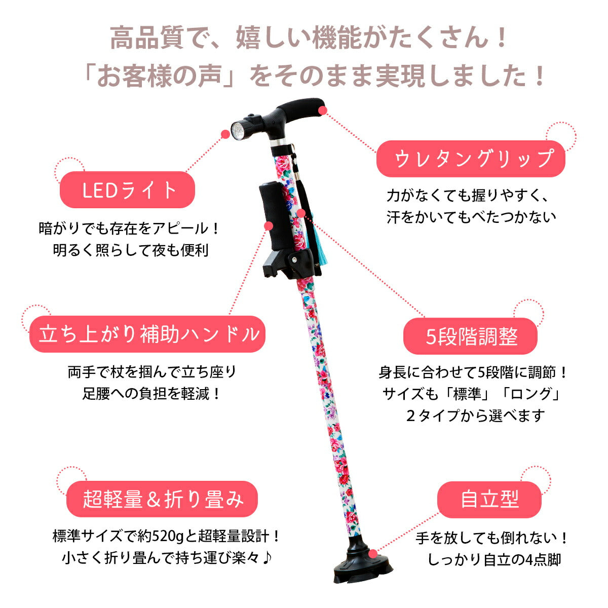 杖 介護 4点杖 軽量 ラクステッキ ライト 標準サイズ ステッキ つえ 伸縮 自立 おしゃれ おしゃれ杖 高齢者