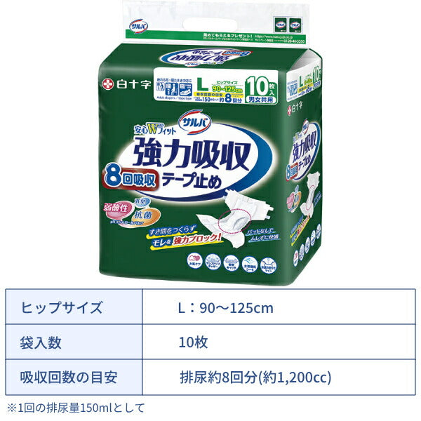 大人用紙おむつ テープタイプ 約8回分吸収 サルバ 強力吸収テープ止め 安心Wフィット M:12枚 L:10枚 白十字 高齢者 老人 介護 男女共用 紙おむつ 排尿お知らせサインあり 寝たままの方に 介護用品