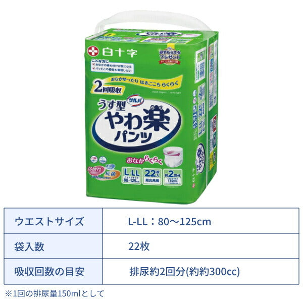 1ケース (4袋入) 大人用紙パンツ 約2回分 おなかゆったり サルバ やわ楽パンツ 男女共用 M-Lサイズ:24枚 L-LLサイズ:22枚 白十字 高齢者 老人 介護 男女兼用 紙おむつ パンツタイプ リハビリパンツ 介護用品