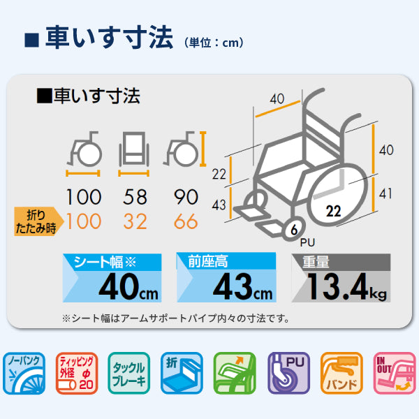 車椅子 折りたたみ 代引き不可 アルミ自走車いす NEO-1βW / 40cm幅 日進医療器 自走式 多機能 ノーパンク スイングアウト ネオベータシリーズ 介護用品
