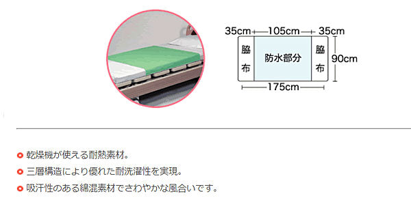 耐熱 防水 ブロード シーツ 10809 幅175(防水部分:105)×長さ90cm ピジョンタヒラ (ベッド シーツ) 介護用品
