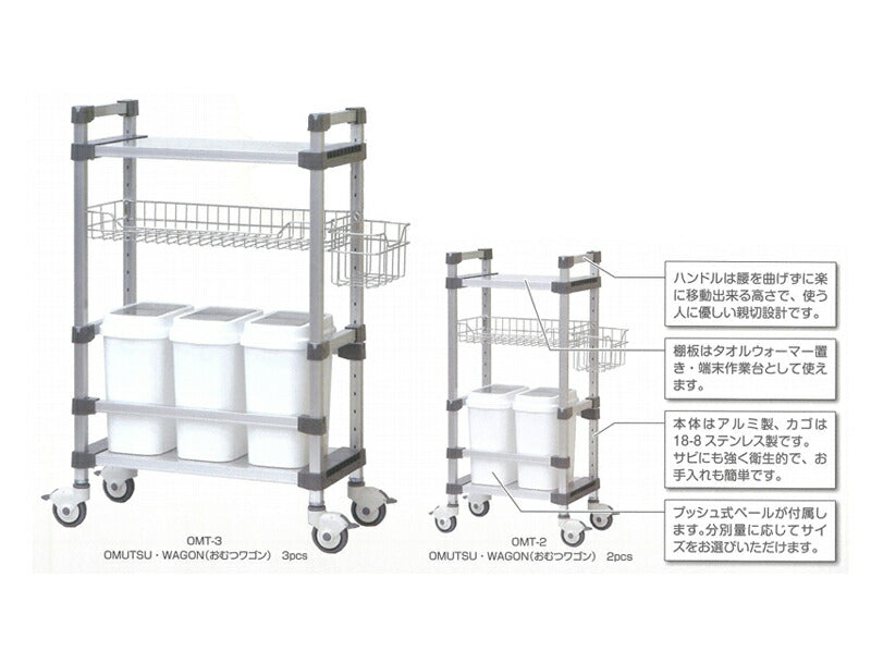 (代引き不可) オムツ交換ワゴン OMT-3 シルバー シンドー (介護 施設 ワゴン キャスター) 介護用品