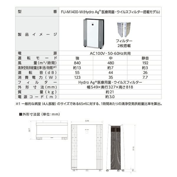 【法人送り限定】(代引き不可)  Hydro Ag+ 医療用菌・ウイルスフィルター搭載 空気清浄機 FU-M1400-W 1台 富士フイルム シャープ (5年保守パックフルサポートプラン付 医療施設 介護施設 エアロゾル対策 抗菌 静音) 介護用品