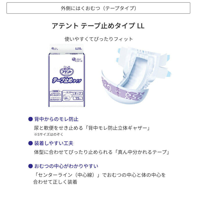 1ケース アテント テープ止めタイプ LL 20763824　15枚×4袋 大王製紙 エリエール 介護用品 テープタイプ 4パック入 LLサイズ 業務用 施設・病院 大人用紙おむつ テープ式オムツ