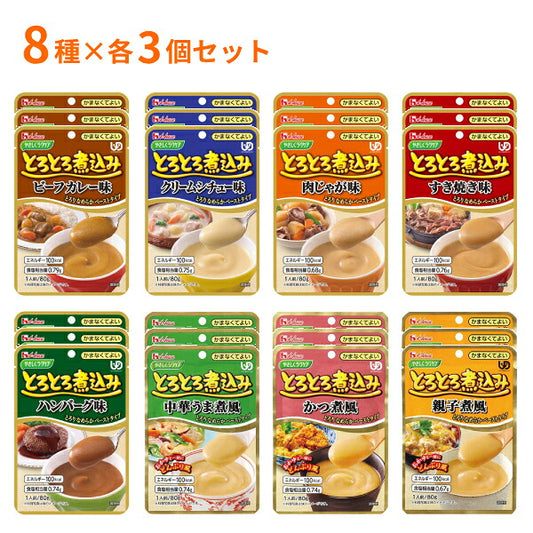 介護食 レトルト やわらか食 8種×3個セット ハウスギャバン 区分4 かまなくてよい やさしくラクケア とろとろ煮込み おためし 区分4 かまなくてよい 介護用品 ペースト食 やわらかい ムース 高齢者 おいしい 柔らか ペースト食 嚥下食 介護食品 ミキサー食