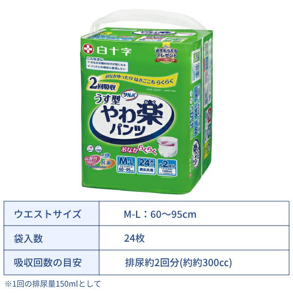 1ケース (4袋入) 大人用紙パンツ 約2回分 おなかゆったり サルバ やわ楽パンツ 男女共用 M-Lサイズ:24枚 L-LLサイズ:22枚 白十字 高齢者 老人 介護 男女兼用 紙おむつ パンツタイプ リハビリパンツ 介護用品