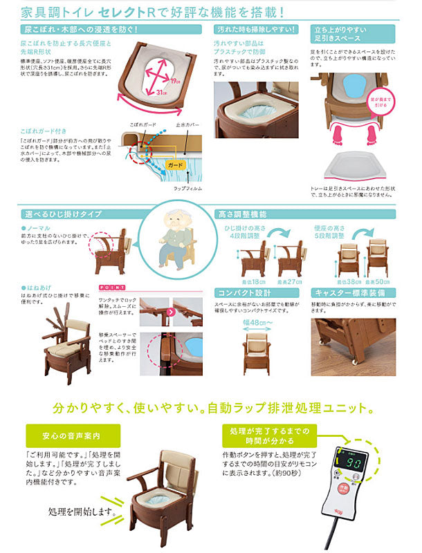 安寿 家具調トイレ セレクトR 自動ラップ はねあげ 533-945 暖房便座 アロン化成 ポータブルトイレ 肘付き椅子 暖房便座 天然木 キャスター付き 介護用品