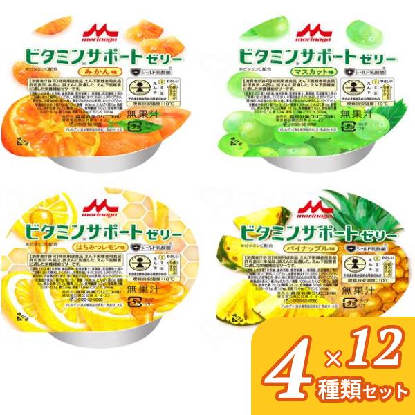 介護食品 デザート 4種×各12個セット ビタミンサポートゼリー いろいろセット 78g 各12個 カップタイプ カップ容器 やわらか食 柔らかい 高齢者 老人 おやつ 手軽 食物繊維 お試し 喉ごしなめらか 栄養補助食品 介護食 送料無料 介護用品