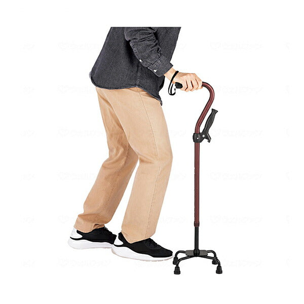 杖 ステッキ 補助グリップ付 アルミ製4点支柱杖 AQS-10RE　AQS-10BR マキテック 介護 歩行補助 介護 4点杖 軽量 4点杖高さ調整 介護用4点杖 介護用品