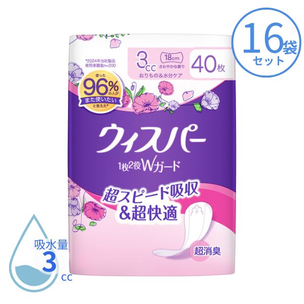 1ケース 吸水パッド 吸水ナプキン ウィスパー 1枚2役Wガード 3cc 40枚×16袋 P&Gジャパン合同会社 尿とりパッド 尿もれパット 女性用 尿取りパッド