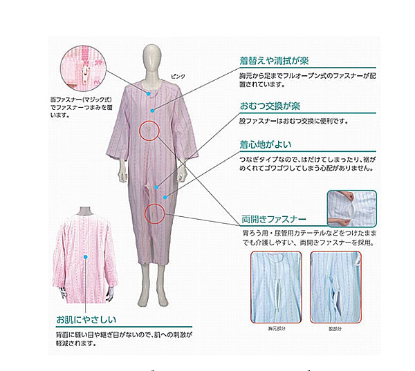 ソフトケアねまき フルオープン・両開きファスナー タイプ 薄手 竹虎 ヒューマンケア事業部（薄手 サッカー地綿100％ 介護用パジャマ 介護用つなぎ服）介護用品