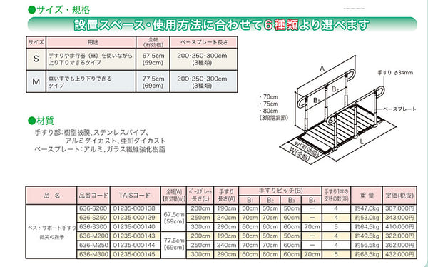 (代引き不可) ベストサポート手すり 微笑の撫子 200cm 636-S200 シコク  (手すり付きスロープ 歩行器対応コンパクトタイプ スロープ) 介護用品