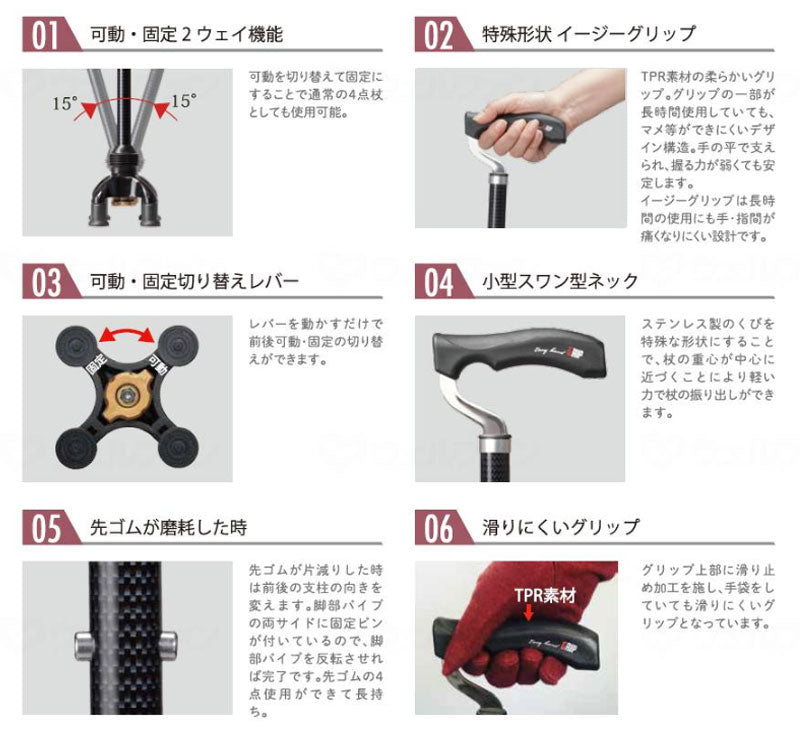 四点前後可動固定式　2ウェイステッキ ユーバ産業 (つえ 杖 ステッキ 4点杖 多点) 介護用品 母の日 プレゼント