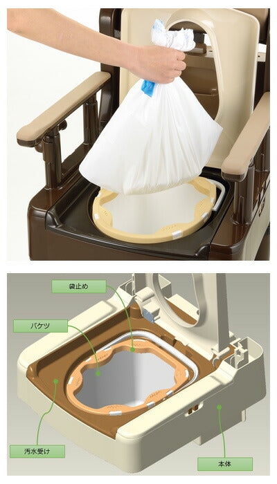 (代引き不可) ポータブルトイレ きらく ミニでか 片付け簡単 40036 やわらか便座 MY型 ダークブラウン リッチェル (ポータブルトイレ 介護 トイレ 肘付き椅子) 介護用品